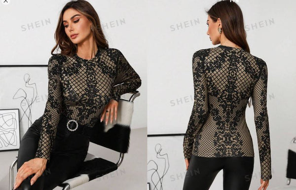 Shein Slim Fit Mock Neck Long Sleeve T-Shirt With Retro Floral Grid Pattern, M /