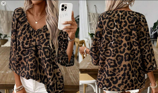 Shein Ruched Deep V-Neck Brown Leopard Print Dropped Shoulder 3/4 Sleeve Blouse, L /