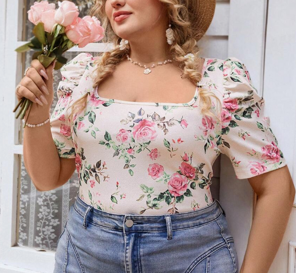Shein Plus Size Women Casual Floral Print Square Neck Blouse, 0XL +