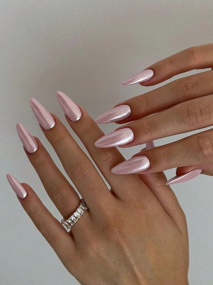 Shein Pink Holographic Metallic Chrome Shiny Medium Almond Shaped Press-On Nail >