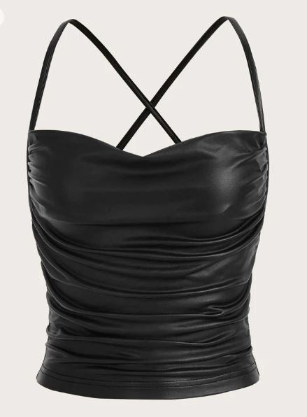 Shein Draped Front Crisscross Backless PU Leather Cami Top +