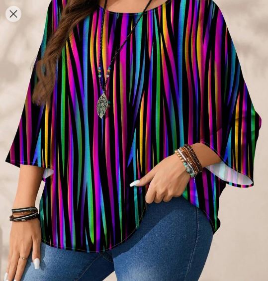 Shein Plus Size Colorful Striped Allover Print Loose Fit Round Neck 3/4 Sleeve Blouse, 0XL +