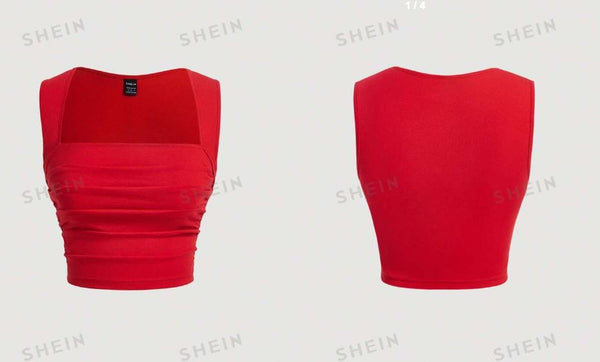 Shein MOD Square Neck Ruched Red Slim Fit Tank Top /