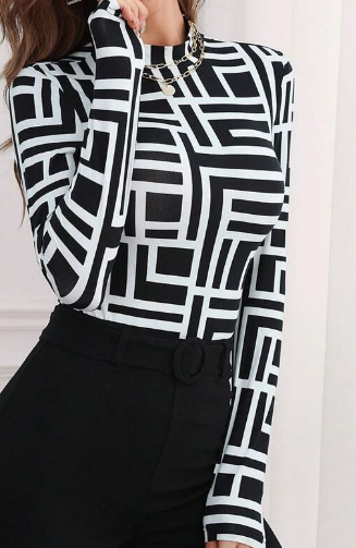 Shein Geo Print Mock Neck Long Sleeve Tee, XL -.