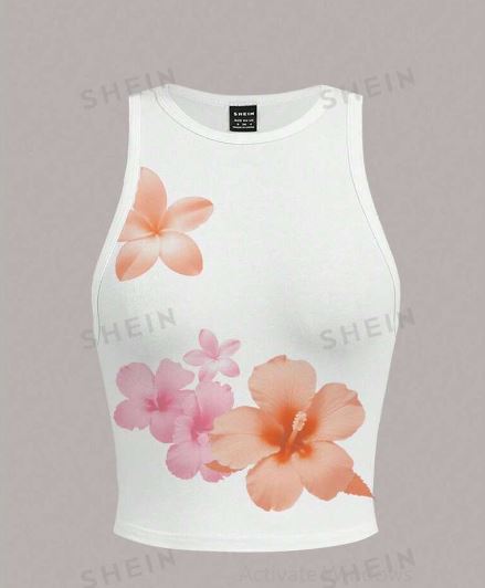 Shein Casual And Simple Flower Print White Round-Neck Tight Top , XL /