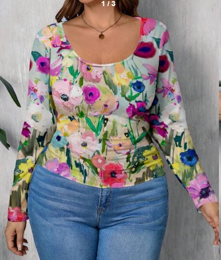 Shein Plus Size Women's Casual Simple Full Print Fitted T-Shirt +
