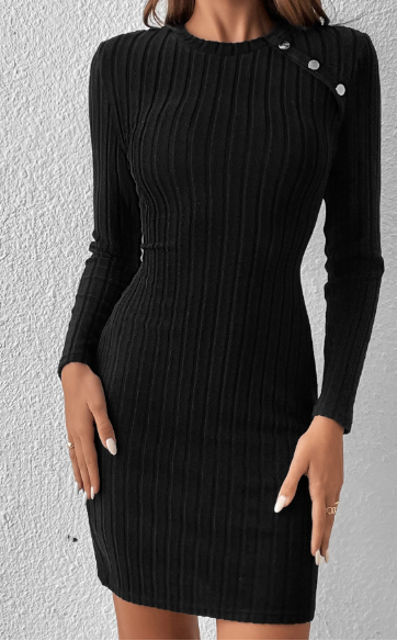 SHEIN Frenchy Solid Color Ribbed Fitted Elegant Long Sleeve Dress, L-.