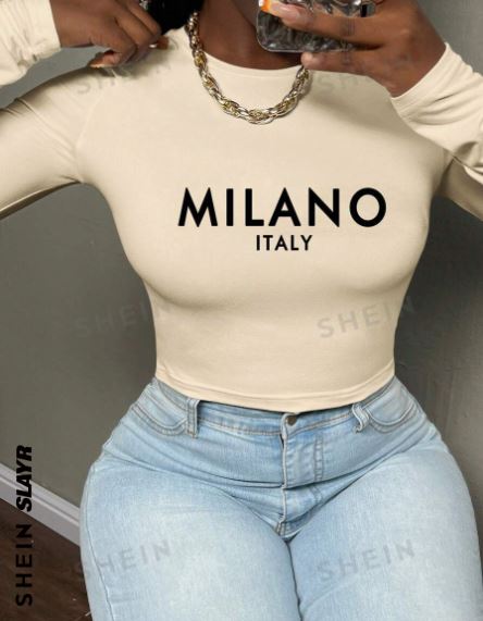 Shein MILANO Letter Graphic Cropped Round Neck Long Sleeve Tight Fit Women T-Shirt, L /