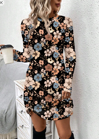 Shein Women's Casual Vintage Floral Pattern Round Neck Long Sleeve Dress, XL +