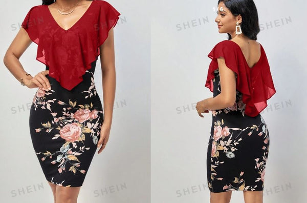 Shein Floral Print Ruffle Trim Bodycon Dress, XL */