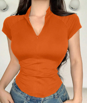 Shein Casual Solid Color Stand Collar Zip-Up Fitted Short Sleeve T-Shirt >