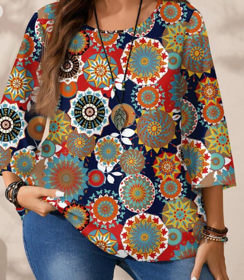Shein Plus Size Resort Floral Print Round Neck 3/4 Sleeve Blouse, 4XL +