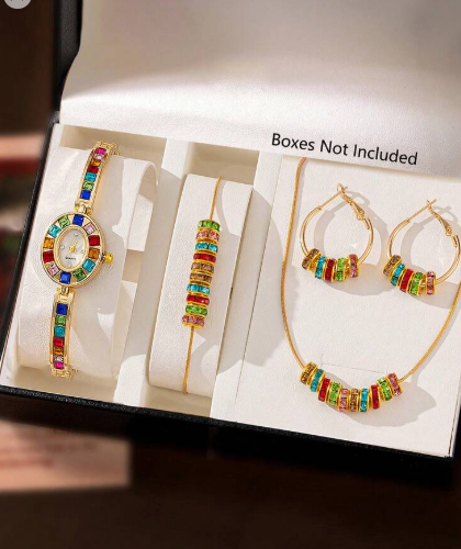 Shein Elegant Women's Watch & Rhinestone Beaded Necklace, Earrings, Bracelet Jewelry Set +