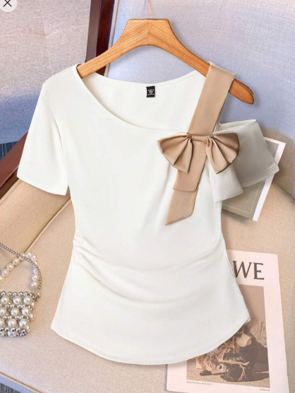 Shein Plus Size Women Casual Bowknot Contrast Color Decor Short Sleeve T-Shirt, 3XL +