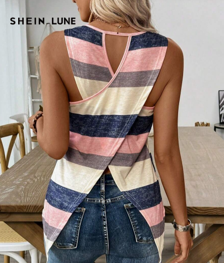 Shein Knit Striped Printed Sleeveless Crossed Back Casual Tank Top, M   +