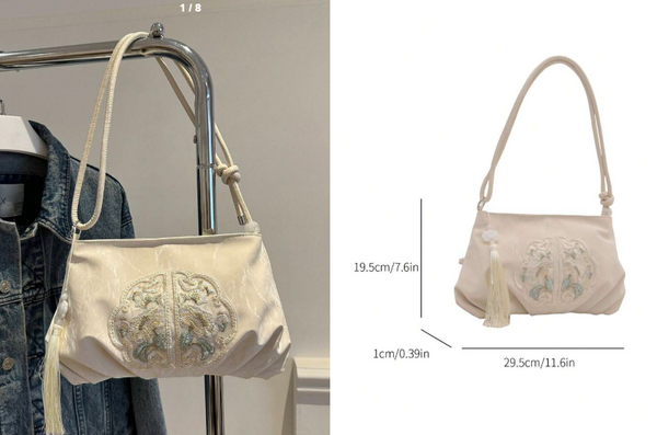 Shein Solid Color Pleated Cloud Bag Embroidered Fringe Shoulder Bag +