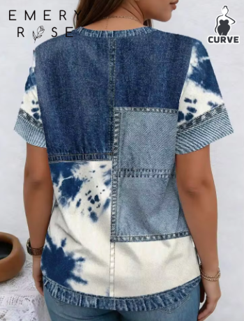 Shein Patchwork Pattern Twill Texture Round Neck Short Sleeve Casual Plus Size T-Shirt>