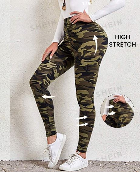 Shein Elastic Waist Camo Print Leggings -.