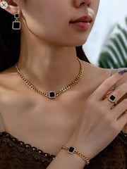 Shein Enamel Diamond Inlaid Square Pendant Necklace, Bracelet, Earrings & Ring Set >