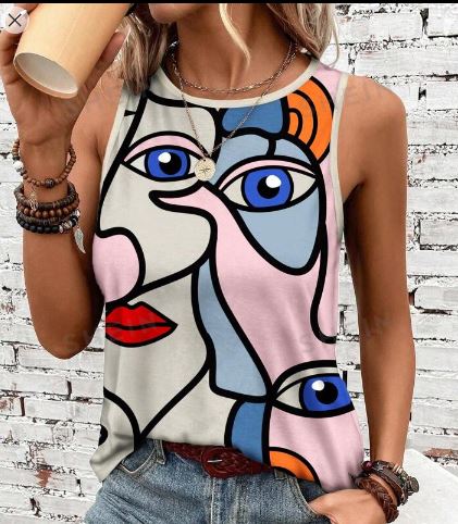 Shein Vacation Casual Abstract Figure Printed Tank Top, L /