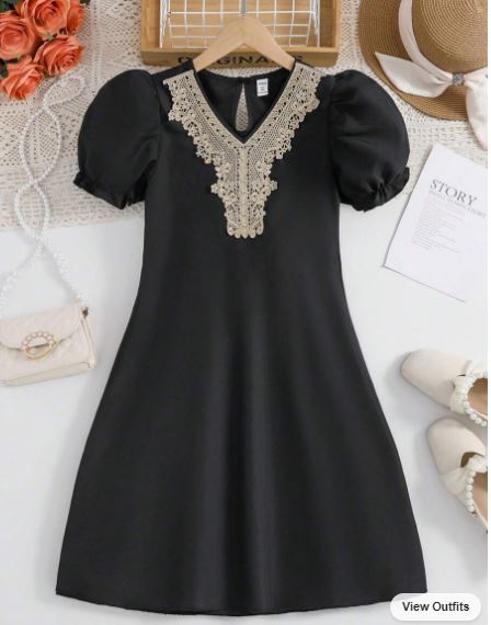 Shein Tween Girls' Lace Patchwork Short Puff Sleeve Dress, 12T +