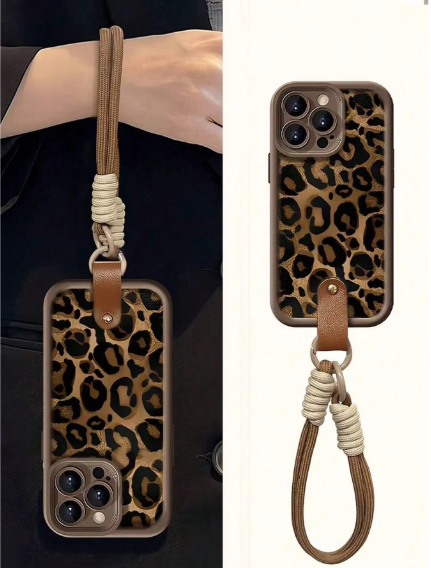 Minimalist Luxury Leopard Print Thick Anti-Drop Wrist Strap Phone Case >