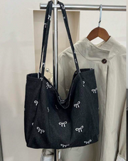 Shein Casual Fashion Versatile Blue Highly Attractive Bow Washed Canvas Tote Bag>