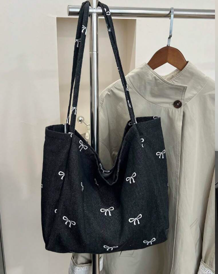 Shein Casual Fashion Versatile Blue Highly Attractive Bow Washed Canvas Tote Bag>
