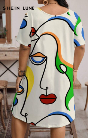 Shein Abstract Portrait Print Casual Crew Neck Short Sleeve Plus Size Dress, XXL -.