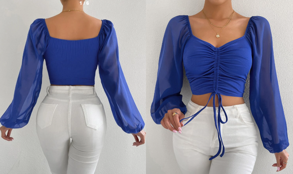 Shein Lantern Sleeve Drawstring Crop Top, L +