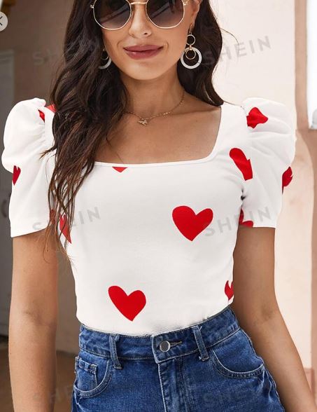 Shein Heart Print Puff Sleeve Summer Tee, M /