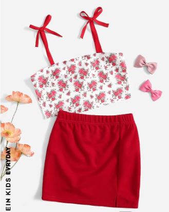 Shein Kids Toddler Girls Knot Strap Floral Cami Top & Split Hem Skirt, 7T -.