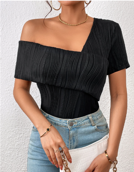 Shein Solid Asymmetrical Neck Tee, M +