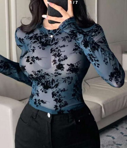 Shein Women's Floral Allover Print Sheer Long Sleeve Top, M +