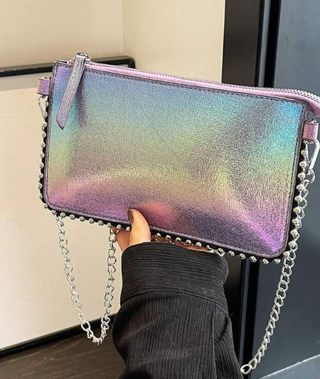 Shein Women's Beaded Chain Patchwetallic Party Envelope Clutch +