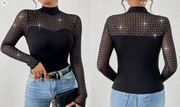 Shein Women Black Flocked Patchwork Knit Long Sleeve Top>