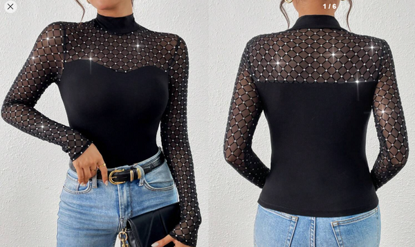 Shein Women Black Flocked Patchwork Knit Long Sleeve Top, L +