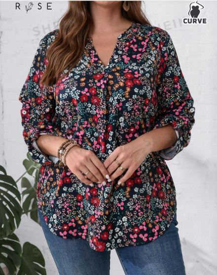 Shein Plus Size Women's Floral Printed Rolled-Up Sleeve Casual Shirt, 1XL /