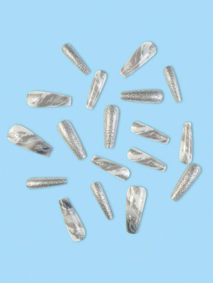 Shein Silver Glitter 25 Pc Set Long Coffin Shape Marble Design Nails +