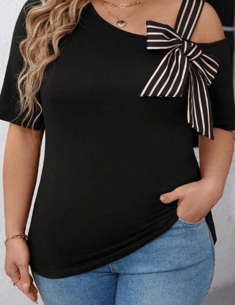 Shein Plus Size Summer Striped Bowknot Asymmetrical Neck T-Shirt, 0XL +