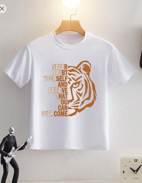 Shein Tween Boys' Casual Tiger Slogan Print Crew Neck Pullover T-Shirt, 8T +