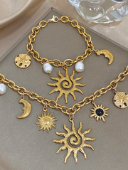 Shein 1Pc Vintage Boho Luxury 18K Gold Plated Stainless Steel Sun Moon Star Charm Bracelet &amp; Necklace Set>