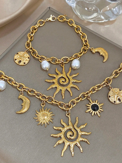 Shein 1Pc Vintage Boho Luxury 18K Gold Plated Stainless Steel Sun Moon Star Charm Bracelet &amp; Necklace Set>