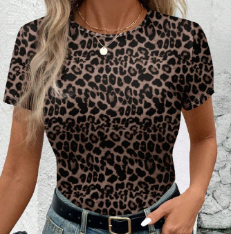 Shein Leopard Print Women's Round Neck Slim Fit Short Sleeve T-Shirt +