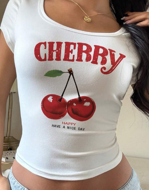 Shein Minimalist Crew Neck Cap Sleeve Fitted T-Shirt, Cherry Tank Top, M +