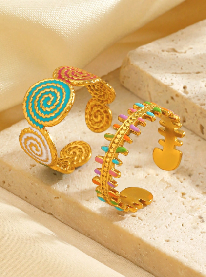 Shein 2pcs/Set Stainless Steel Colorful Oil Drop Textured Fish Bone Open Ring Set >