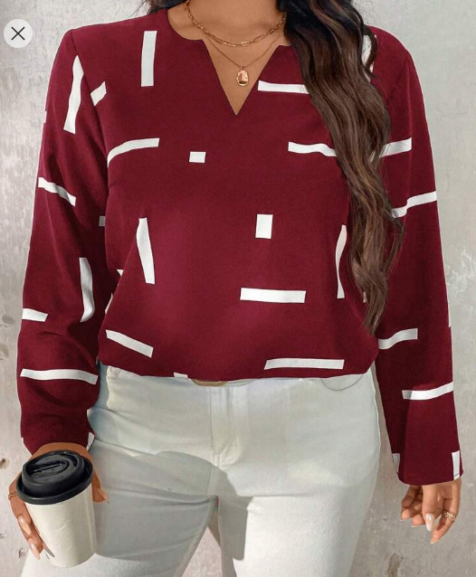 Shein Plus Size Women Geometric Print Notched Neck Long Sleeve +