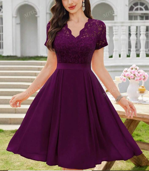 Shein Elegant V-Neck Floral Lace Pleated Hem Chiffon Prom Party Dress, M +