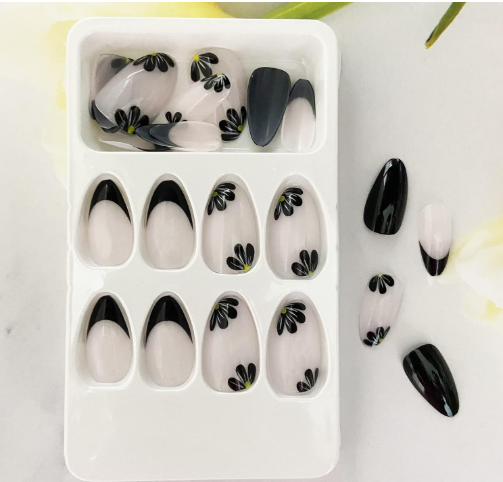 Shein 24pcs Daisy Medium, Almond Black French Tip, Small Flower Acrylic Nails +
