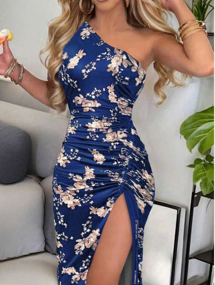 Shein Sexy  Floral All Over Print Drawstring High Slit Slim Fit Asymmetrical Neck Sleeveless Dress, L +
